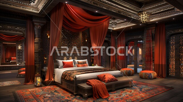  فن التصميم الداخلي الراقي بألوان هادئة، شقق ومنازل فاخرة، أثاث منزلي مزخرف في إحدى القصور في المملكة العربية السعودية، مفهوم الهدوء والراحة والأسترخاء، التصاميم والديكورات لغرف النوم الصممة على الطراز العربي القديم