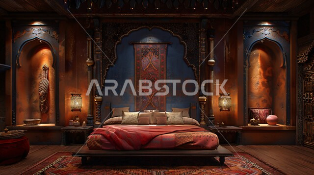  فن التصميم الداخلي الراقي بألوان هادئة، شقق ومنازل فاخرة، أثاث منزلي مزخرف في إحدى القصور في المملكة العربية السعودية، مفهوم الهدوء والراحة والأسترخاء، التصاميم والديكورات لغرف النوم الصممة على الطراز العربي القديم