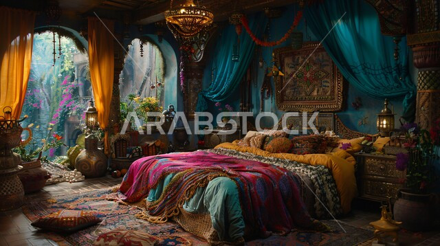 التصاميم العربية القديمة على الطراز الكلاسيكي لغرف النوم ، فن التصميم الداخلي الراقي بألوان هادئة، شقق ومنازل فاخرة، أثاث منزلي مزخرف في إحدى القصور في المملكة العربية السعودية، مفهوم الهدوء والراحة والأسترخاء