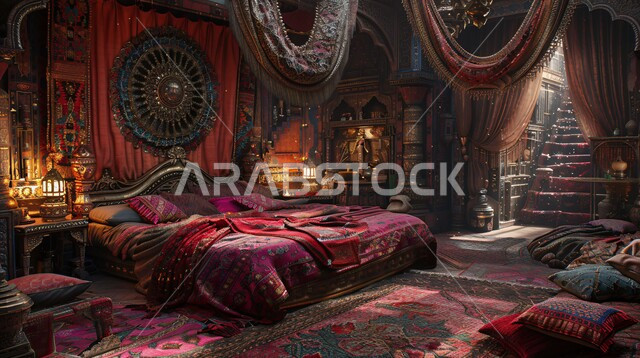 التصاميم العربية القديمة على الطراز الكلاسيكي لغرف النوم ، فن التصميم الداخلي الراقي بألوان هادئة، شقق ومنازل فاخرة، أثاث منزلي مزخرف في إحدى القصور في المملكة العربية السعودية، مفهوم الهدوء والراحة والأسترخاء