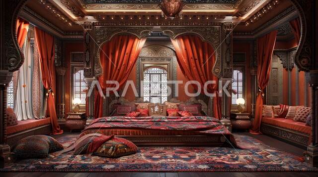 التصاميم العربية القديمة على الطراز الكلاسيكي لغرف النوم ، فن التصميم الداخلي الراقي بألوان هادئة، شقق ومنازل فاخرة، أثاث منزلي مزخرف في إحدى القصور في المملكة العربية السعودية، مفهوم الهدوء والراحة والأسترخاء