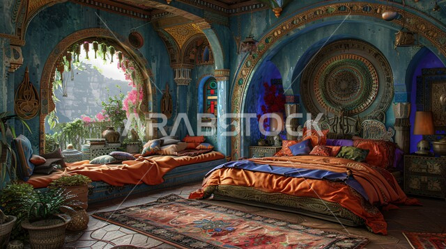 التصاميم العربية القديمة على الطراز الكلاسيكي لغرف النوم ، فن التصميم الداخلي الراقي بألوان هادئة، شقق ومنازل فاخرة، أثاث منزلي مزخرف في إحدى القصور في المملكة العربية السعودية، مفهوم الهدوء والراحة والأسترخاء