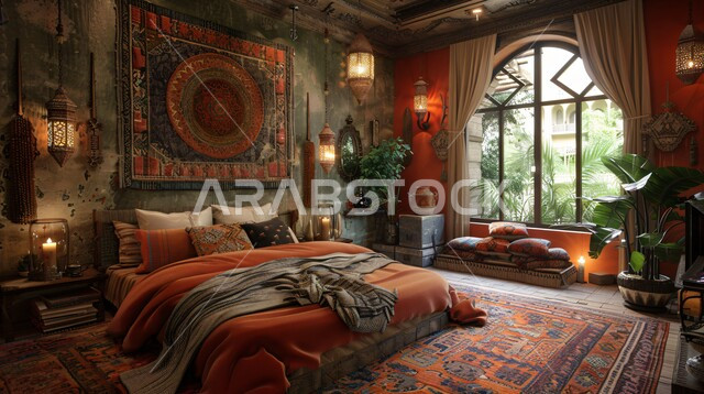 الإطلالة على الطبيعة الخضراء، التصاميم والديكورات العربية القديمة على الطراز الكلاسيكي لغرف النوم ، فن التصميم الداخلي المزخرف في المملكة العربية السعودية، فلل وشقق فاخرة، الأثاث الراقي بألوان هادثة، مفهوم الهدوء والراحة والأسترخاء