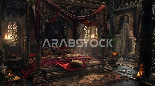 سرير مظل في احدى القصور، التصاميم والديكورات العربية القديمة على الطراز الكلاسيكي لغرف النوم ، فن التصميم الداخلي المزخرف في المملكة العربية السعودية، فلل وشقق فاخرة، الأثاث الراقي بألوان هادثة، مفهوم الهدوء والراحة والأسترخاء