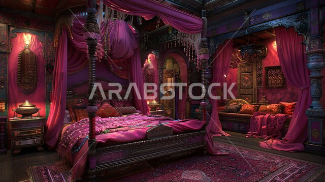 سرير مظل في احدى القصور، التصاميم والديكورات العربية القديمة على الطراز الكلاسيكي لغرف النوم ، فن التصميم الداخلي المزخرف في المملكة العربية السعودية، فلل وشقق فاخرة، الأثاث الراقي بألوان هادثة، مفهوم الهدوء والراحة والأسترخاء