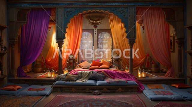 سرير مظل في احدى القصور، التصاميم والديكورات العربية القديمة على الطراز الكلاسيكي لغرف النوم ، فن التصميم الداخلي المزخرف في المملكة العربية السعودية، فلل وشقق فاخرة، الأثاث الراقي بألوان هادثة، مفهوم الهدوء والراحة والأسترخاء
