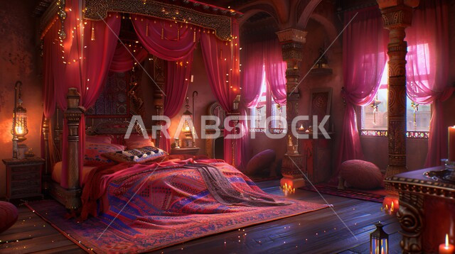 سرير مظل في احدى القصور، التصاميم والديكورات العربية القديمة على الطراز الكلاسيكي لغرف النوم ، فن التصميم الداخلي المزخرف في المملكة العربية السعودية، فلل وشقق فاخرة، الأثاث الراقي بألوان هادثة، مفهوم الهدوء والراحة والأسترخاء