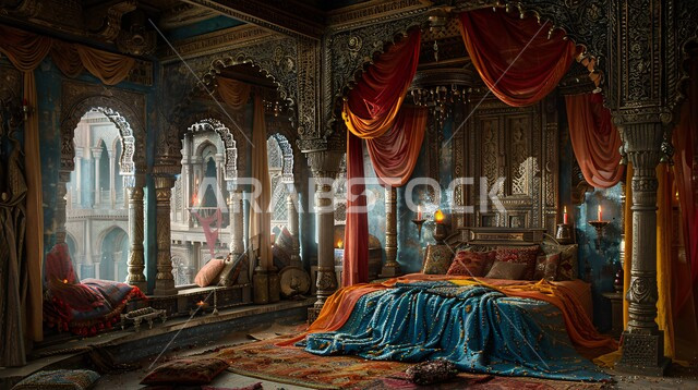 سرير مظل في احدى القصور، التصاميم والديكورات العربية القديمة على الطراز الكلاسيكي لغرف النوم ، فن التصميم الداخلي المزخرف في المملكة العربية السعودية، فلل وشقق فاخرة، الأثاث الراقي بألوان هادثة، مفهوم الهدوء والراحة والأسترخاء