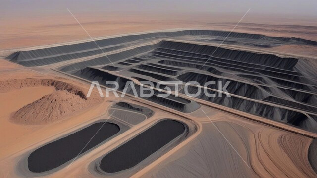Arab natural coal mines, exploration areas for underground resources, rocky nature and topography of mountain ranges, highlands and mountain peaks in the Kingdom of Saudi Arabia, huge amounts of national coal production.