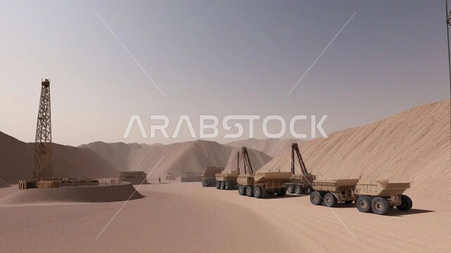 الطبيعة الصخرية وتضاريس السلاسل الجبلية، المرتفعات وقمم الجبال في المملكة العربية السعودية، سيارات شحن كبيرة يقومون بالعمل في موقع التعدين، مناجم الفحم الطبيعي العربية، مناطق التنقيب عن الثروات الباطنية