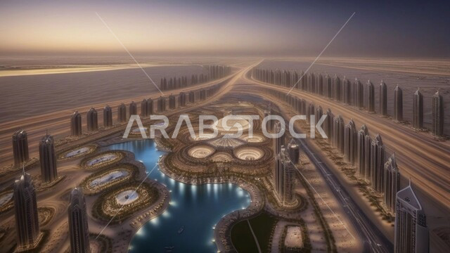 بناء مستقبل حضاري متطور في دبي، مفهوم تطوير وتحسين البنية التحتية، منظر تخيلي للتقدم والنمو العمراني في، التصاميم والفنون المعمارية الحديثة للأبراج وناطحات السحاب في الامارات العربية المتحدة، المباني والمنشآت التجارية الشاهقة
