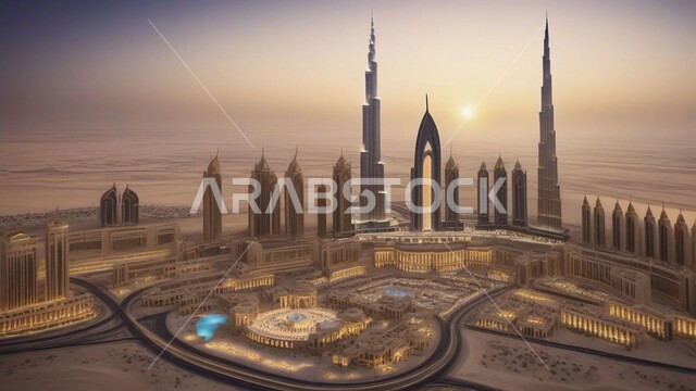 بناء مستقبل حضاري متطور في دبي، مفهوم تطوير وتحسين البنية التحتية، منظر تخيلي للتقدم والنمو العمراني في، التصاميم والفنون المعمارية الحديثة للأبراج وناطحات السحاب في الامارات العربية المتحدة، المباني والمنشآت التجارية الشاهقة