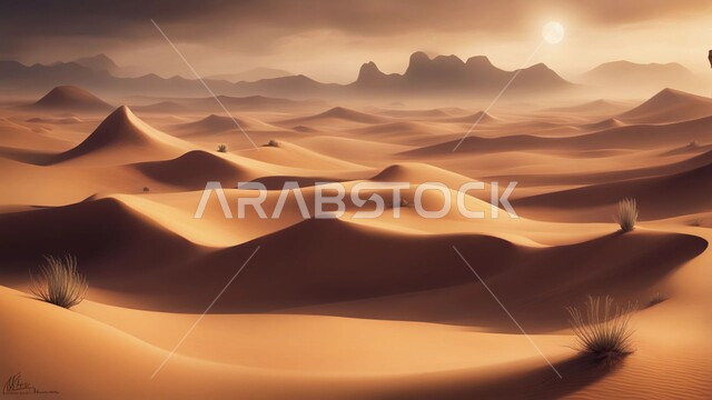 التضاريس و المرتفعات والقمم في البراري، التكوينات والتشكلات الرملية في صحراء المملكة العربية السعودية, مناطق البادية والبيئة الصحراوية في النهار, الكثبان والتلال من الرمال الناعمة الذهبية
