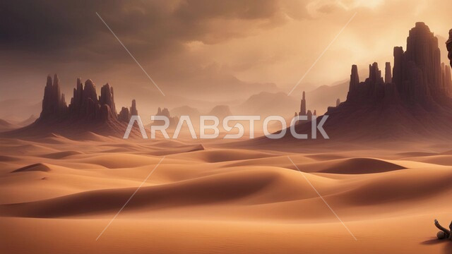 Terrain, heights and peaks in the prairies, sand formations and formations in the desert of the Kingdom of Saudi Arabia, desert areas and the desert environment during the day, dunes and hills of soft golden sand.