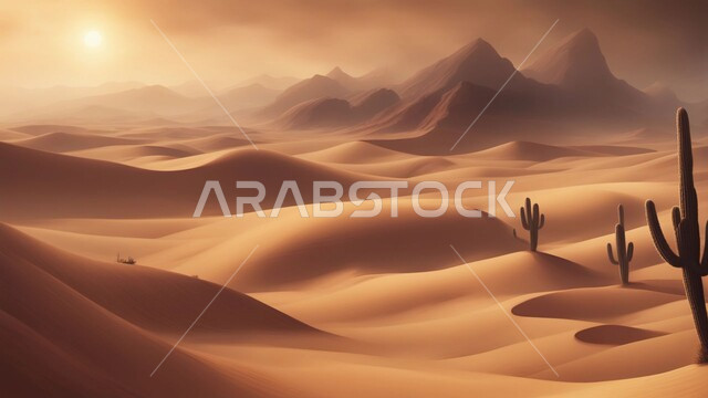Terrain, heights and peaks in the prairies, sand formations and formations in the desert of the Kingdom of Saudi Arabia, desert areas and the desert environment during the day, dunes and hills of soft golden sand.