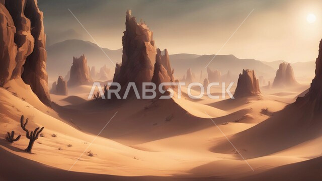 التضاريس و المرتفعات والقمم في البراري، التكوينات والتشكلات الرملية في صحراء المملكة العربية السعودية, مناطق البادية والبيئة الصحراوية في النهار, الكثبان والتلال من الرمال الناعمة الذهبية