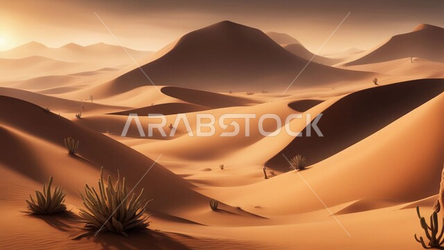 Terrain, heights and peaks in the prairies, sand formations and formations in the desert of the Kingdom of Saudi Arabia, desert areas and the desert environment during the day, dunes and hills of soft golden sand.