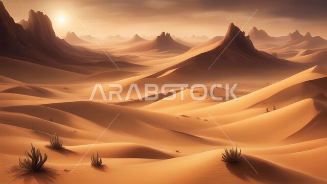 التضاريس و المرتفعات والقمم في البراري، التكوينات والتشكلات الرملية في صحراء المملكة العربية السعودية, مناطق البادية والبيئة الصحراوية في النهار, الكثبان والتلال من الرمال الناعمة الذهبية