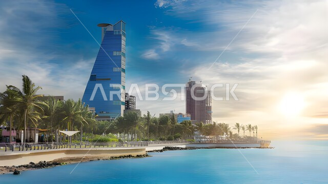 برج الكورنيش الجديد في جدة بالمملكة العربية السعودية، الواجهه البحرية السياحية في المملكة العربية السعودية، الأشجار والنباتات الخضراء، معالم جدة المشهورة، مناظر طبيعية هادئة