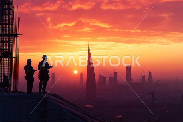 الإشراف والتدقيق على العمل، مهن ووظائف سعودية، مهندسان عربيان خليجيان سعوديان يقومان بالتعاون ومتابعة الاعمال والمخططات وقت غروب الشمس، ارتداء سترة وخوذة الامان والحماية، الاهتمام بالتطوير الهندسي العمراني الابراج والأبنية السكنية