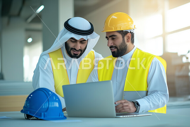 الإشراف والتدقيق على العمل، مهن ووظائف سعودية، مهندسان عربيان خليجيان سعوديان يقومان بالتعاون ومتابعة الاعمال والمخططات وقت غروب الشمس، ارتداء سترة وخوذة الامان والحماية، استخدام وسائل التكنولوجيا الحديثة