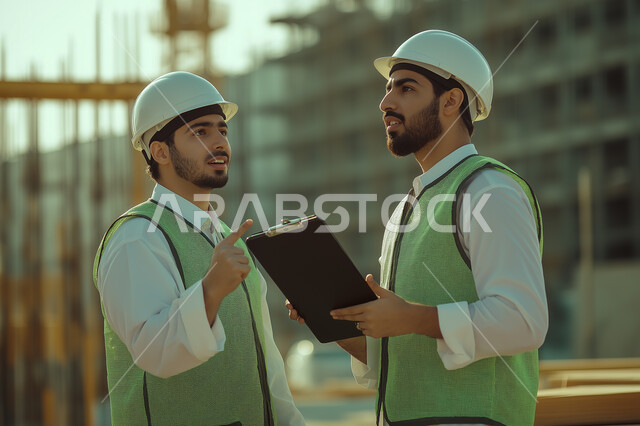 الإشراف والتدقيق على العمل، مهن ووظائف سعودية، مهندسان عربيان خليجيان سعوديان يقومان بالتعاون ومتابعة الاعمال والمخططات وقت غروب الشمس، ارتداء سترة وخوذة الامان والحماية