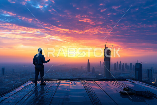 الاشراف على المشاريع في موقع العمل، تطور ونمو القطاع الهندسي في المملكة، صورة من الخلف لمهندس عربي خليجي سعودي يرتدي سترة وخوذة الحماية، مهن ووظائف هندسية سعودية، العمل في مقر الإنشاءات وقت غروب الشمس