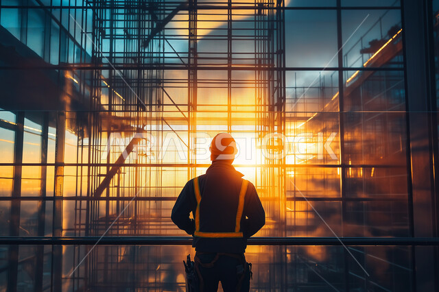 الاشراف على المشاريع في موقع العمل، تطور ونمو القطاع الهندسي في المملكة، صورة من الخلف لمهندس عربي خليجي سعودي يرتدي سترة وخوذة الحماية، مهن ووظائف هندسية سعودية، العمل في مقر الإنشاءات وقت غروب الشمس