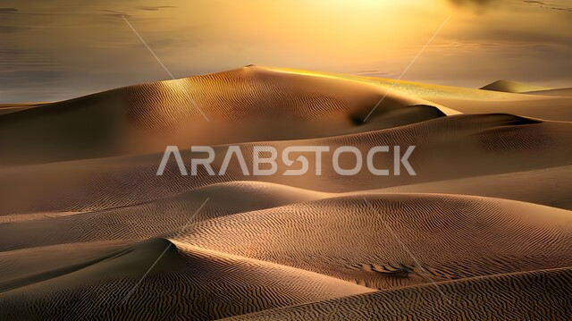 التشكيلات و التكوينات الرملية في الصحراء العربية الكبرى، المرتفعات و التضاريس و القمم الجبلية في البراري، مناطق البادية والبيئة الطبيعية الصحراوية, الهضاب و التلال من الرمال الناعمة الذهبية، انعكاس أشعة الشمس على الرمل