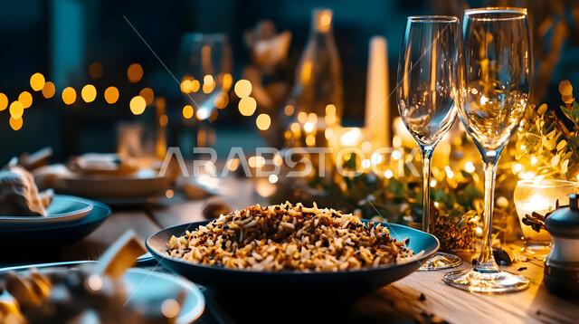مأكولات وأطباق عربية تقليدية, طبق من أرز الكبسة مع الخضراوات على طاولة خشبية, وجبة من أرز البرياني, وصفات الطعام الصحية الشهية، فنون تقديم الأطعمة الشرقية اللذيذة في المطاعم والمطابخ