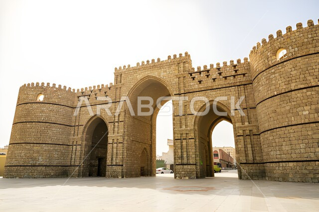 The old-style architectural art of Bab Makkah in the Al-Balad area, the waterfront of the historic city of Jeddah, heritage archaeological places and areas, famous tourist attractions in the Kingdom of Saudi Arabia