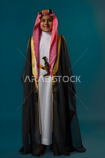 الاهتمام بالمظهر الخارجي للأطفال، ارتداء الأزياء السعودية، ولد عربي خليجي سعودي يرتدي الثوب والشماغ ويضع البشت ينظر إلى الكاميرا بايماءات البشاشة والثقة, ملامح طفولية بريئة تتسم بالأناقة والوسامة، الجسم بالطول الكامل, خلفية ازرق غامق