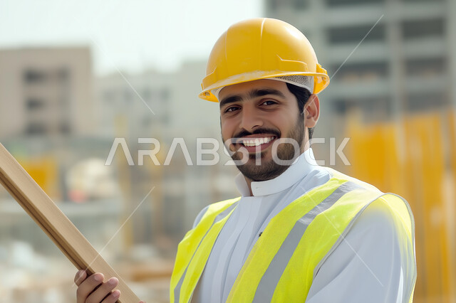 Interest in urban development, a smiling Saudi Arabian Gulf engineer wearing a yellow work jacket and protective helmet looks at the camera with self-confident gestures and holds wooden building blocks, working in a construction site during the day