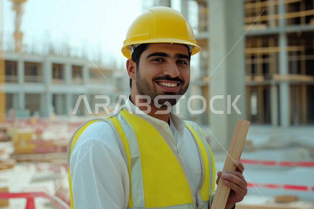 الاهتمام بالتطور العمراني, مهندس عربي خليجي سعودي مبتسم يرتدي سترة العمل وخوذة الحماية الصفراء ينظر إلى الكاميرا بإيماءات الثقة بالنفس ويحمل بيده قطع بناء خشبية, العمل في مقر الإنشاءات نهارا