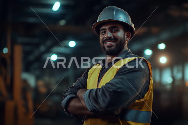 الرقابة على المشاريع الهندسية و تدقيق الاعمال، مفهوم الهندسة والانشاءات المعمارية، صورة مقربة لمهندس عربي خليجي سعودي مبتسم يرتدي سترة الحماية والخوذة ينظر إلى الكاميرا بإيماءات الثقة بالنفس، مهن ووظائف سعودية، الوقوف بإيماءات أيدي متقاطعه