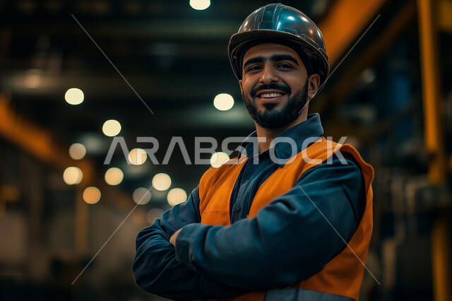 الرقابة على المشاريع الهندسية و تدقيق الاعمال، مفهوم الهندسة والانشاءات المعمارية، صورة مقربة لمهندس عربي خليجي سعودي مبتسم يرتدي سترة الحماية والخوذة ينظر إلى الكاميرا بإيماءات الثقة بالنفس، مهن ووظائف سعودية، الوقوف بإيماءات أيدي متقاطعه