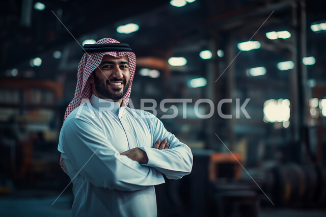 الإعمار بسواعد أبناء الوطن، الرقابة على المشاريع و تدقيق الاعمال، صورة مقربة لمهندس عربي خليجي سعودي مبتسم يرتدي الثوب التقلدي والشماغ ينظر إلى الكاميرا بإيماءات الثقة بالنفس، مهن ووظائف سعودية، الوقوف بإيماءات أيدي متقاطعه