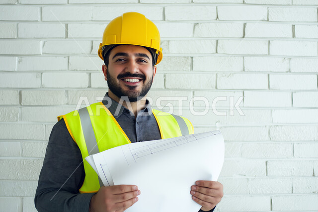 دراسة أساسيات المخطط الإنشائي, العمل في القطاع الهندسي, صورة مقربة لمهندس عربي خليجي سعودي يرتدي سترة الحماية والخوذة يمسك مخططات الإعمار بيديه وينظر إلى الكاميرا بإيماءات الفخر والثقة بالنفس, الإشراف على المشاريع الهندسية