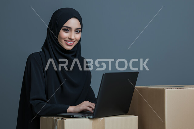 التعليم والعمل عن بعد، بورتريه لامرأة عربية خليجية سعودية محجبة مبتسمة تقوم باستخدام جهاز الحاسوب المحمول، إستخدام أجهزة تقنية حديثة، خلفية رمادية