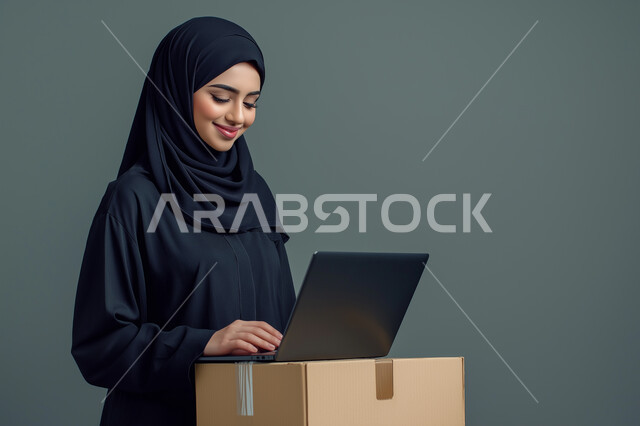 التعليم والعمل عن بعد، بورتريه لامرأة عربية خليجية سعودية محجبة مبتسمة تقوم باستخدام جهاز الحاسوب المحمول، إستخدام أجهزة تقنية حديثة، خلفية رمادية