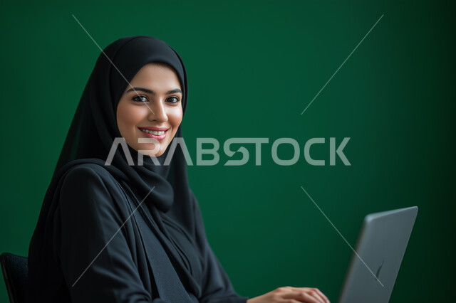 Using modern technical devices, a close-up portrait of a smiling, veiled Saudi Arabian Gulf businesswoman completing work tasks via a laptop, the concept of remote project management, looking at the camera with gestures of pleasure and happiness, green background.
