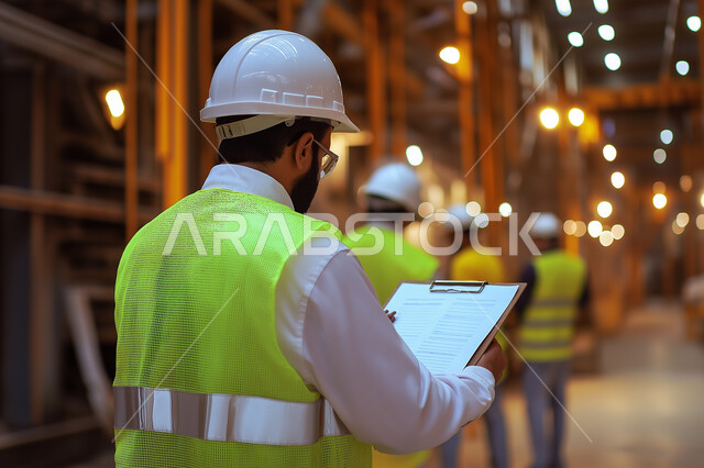 دراسة أساسيات المخطط الإنشائي, العمل في القطاع الهندسي, صورة من الخلف لمهندس عربي خليجي سعودي يرتدي سترة الحماية والخوذة يمسك مخططات الإعمار بيديه, الإشراف على المشاريع الهندسية