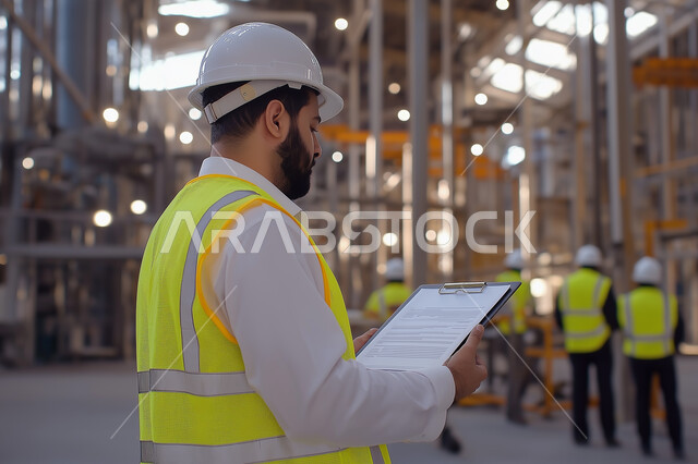 الإشراف على المشاريع الهندسية، دراسة أساسيات المخطط الإنشائي, العمل في القطاع الهندسي, صورة من الجانب لمهندس عربي خليجي سعودي يرتدي الثوب التقليدي مع سترة الحماية والخوذة يمسك مخططات الإعمار بيديه