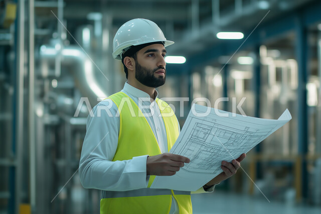 مهن ووظائف سعودية، دراسة أساسيات المخطط الإنشائي, العمل في القطاع الهندسي, صورة من الجانب لمهندس عربي خليجي سعودي يرتدي الثوب التقلدي مع سترة الحماية والخوذة يمسك مخططات الإعمار بيديه, الإشراف على المشاريع الهندسية