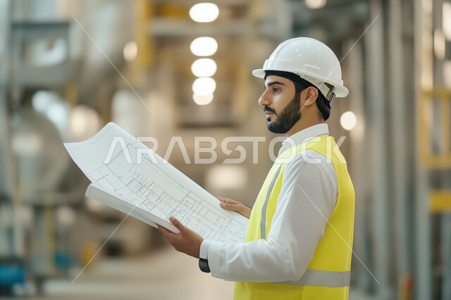 مهن ووظائف سعودية، دراسة أساسيات المخطط الإنشائي, العمل في القطاع الهندسي, صورة من الجانب لمهندس عربي خليجي سعودي يرتدي الثوب التقلدي مع سترة الحماية والخوذة يمسك مخططات الإعمار بيديه, الإشراف على المشاريع الهندسية