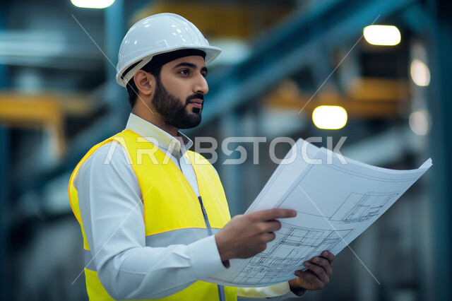 مهن ووظائف سعودية، دراسة أساسيات المخطط الإنشائي, العمل في القطاع الهندسي, صورة من الجانب لمهندس عربي خليجي سعودي يرتدي الثوب التقلدي مع سترة الحماية والخوذة يمسك مخططات الإعمار بيديه, الإشراف على المشاريع الهندسية