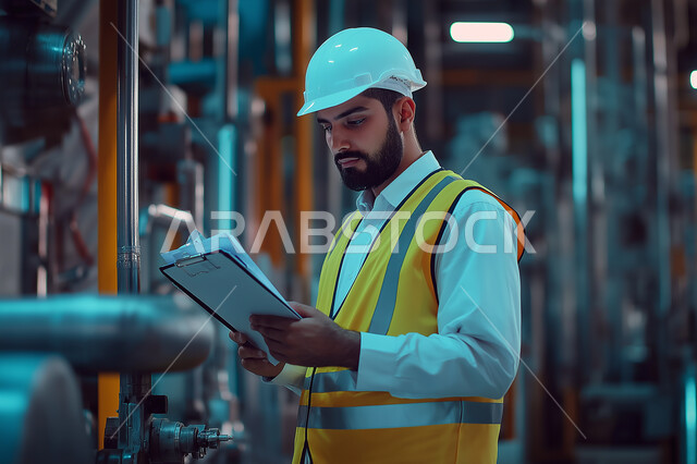 Supervision and control of engineering projects, construction by the hands of the sons of the homeland, a close-up side view of a Saudi Arabian Gulf engineer wearing a traditional dress with a helmet and a protective vest holding a construction plan and looking at it with gestures of concentration, Saudi professions and jobs