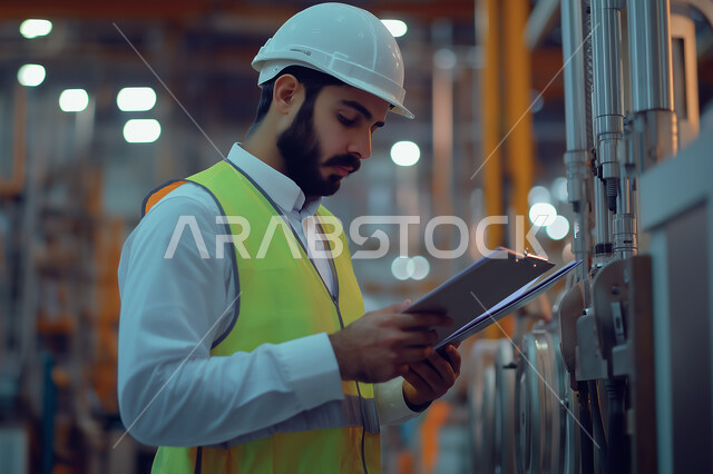 الاشراف والرقابة على المشاريع الهندسية، الاعمار بسواعد ابناء الوطن، صورة مقربة من الجانب لمهندس عربي خليجي سعودي يرتدي الثوب التقليدي مع خوذة وسترة الوقاية يمسك مخطط البناء وينظر إليه بإيماءات التركيز، مهن ووظائف سعودية