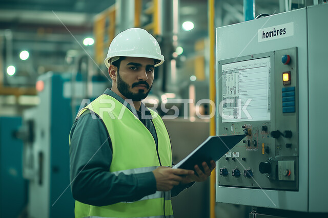 الاعمار بسواعد ابناء الوطن، الاشراف والرقابة على المشاريع الهندسية، صورة مقربة من الجانب لمهندس عربي خليجي سعودي يرتدي خوذة وسترة الوقاية يمسك مخطط البناء وينظر الى الكاميرا يإيماءات الجدية في العمل، مهن ووظائف سعودية