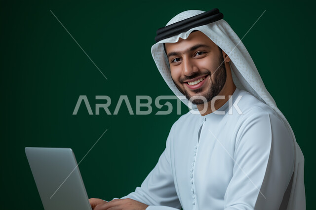 إستخدام اجهزة تقنية حديثة، بورتريه مقرب لرجل أعمال عربي خليجي سعودي مبتسم يرتدي الزي السعودي يقوم بانجاز مهام العمل عبر جهاز الحاسب المحمول، مفهوم إدارة المشاريع عن بعد، النظر الى الكاميرا بايماءات السرور والسعادة، خلفية خضراء 